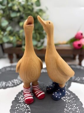 Patriotic Duck Figurines Red White Blue Boots Americana Farmhouse Decor Set